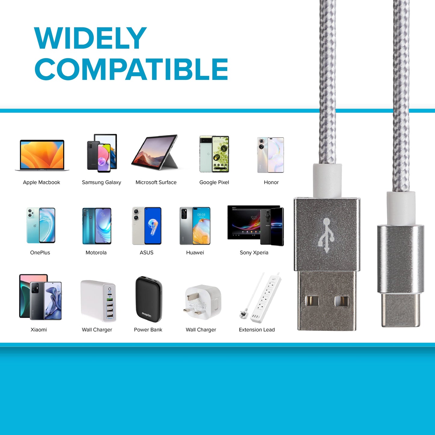 Maplin USB-C to USB-A Braided Cable - Silver, 2m (Pack of 3)