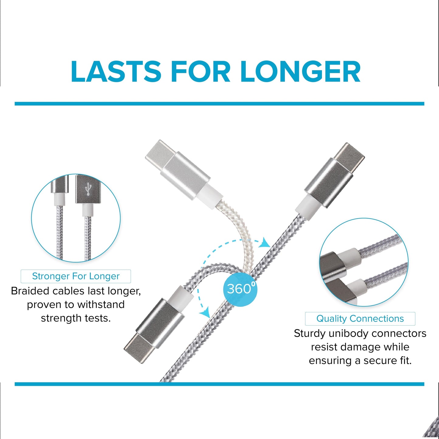 Maplin USB-C to USB-A Braided Cable - Silver, 2m (Pack of 3)