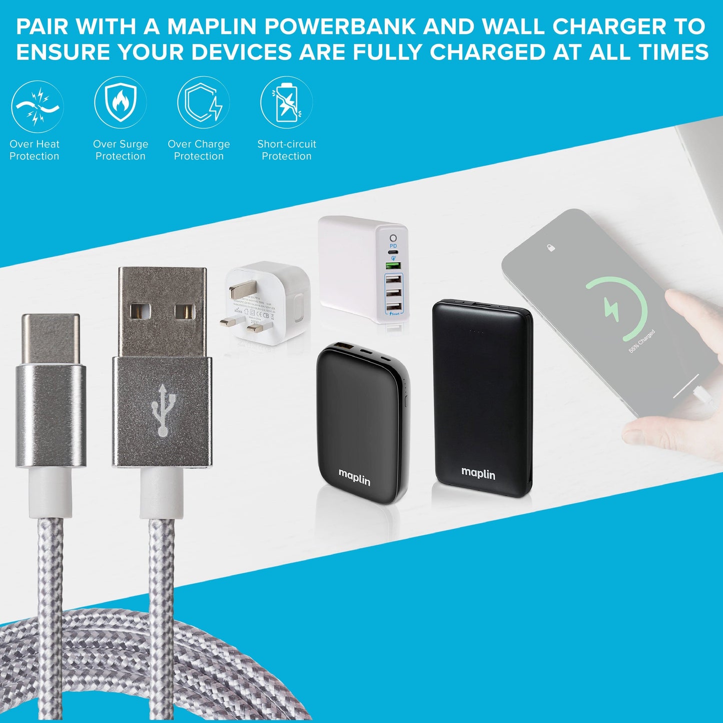 Maplin USB-C to USB-A Braided Cable - Silver, 2m (Pack of 3)