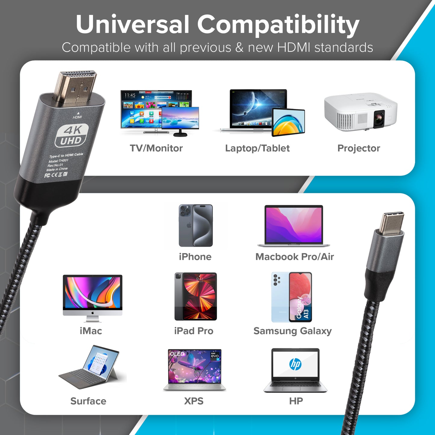 Maplin USB-C to HDMI Cable Adapter (Supports 4K Ultra HD @ 60Hz) - Black, 2m (Pack of 4)