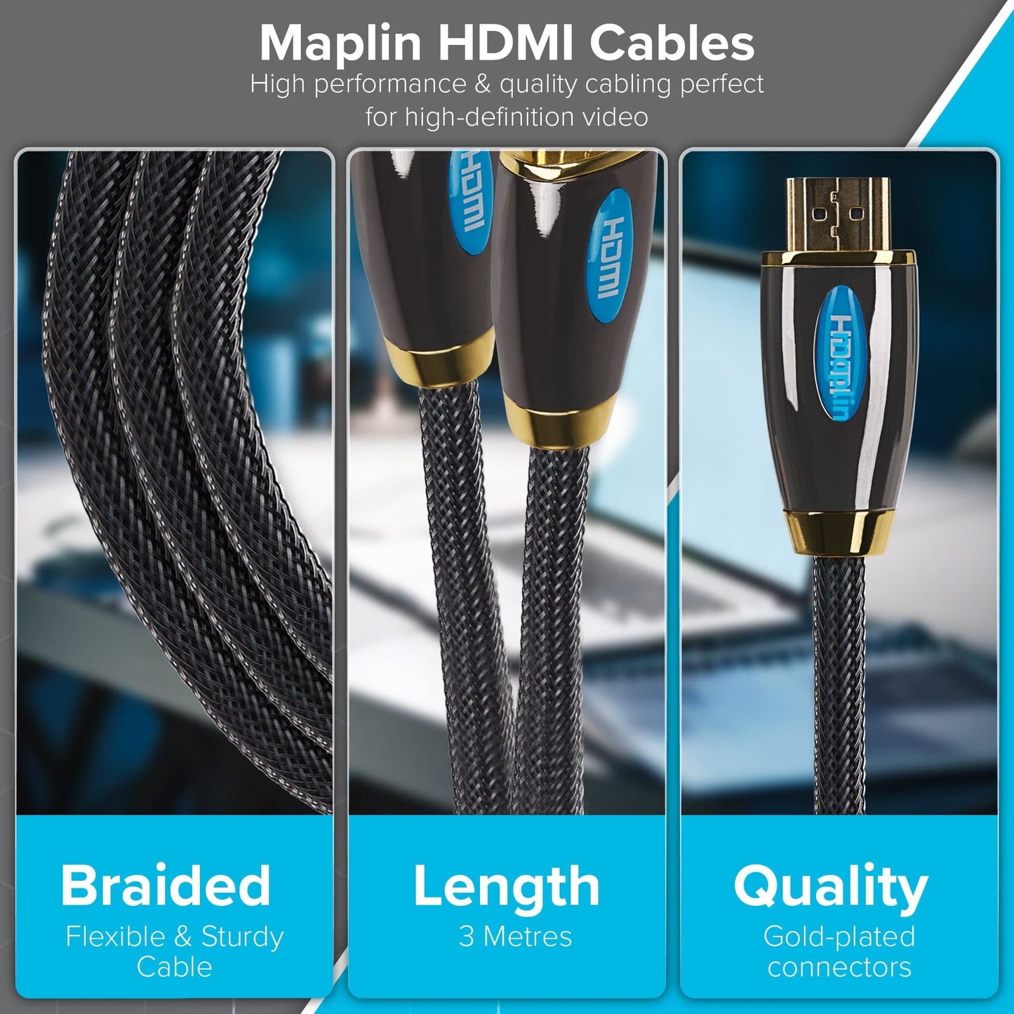 Maplin Pro HDMI to HDMI 4K Ultra HD Braided Cable with Gold Connectors - Black, 3m - maplin.co.uk