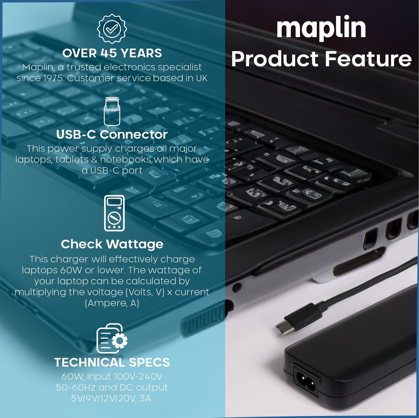 Maplin 60W USB-C Universal Power Supply Laptop Charger - maplin.co.uk