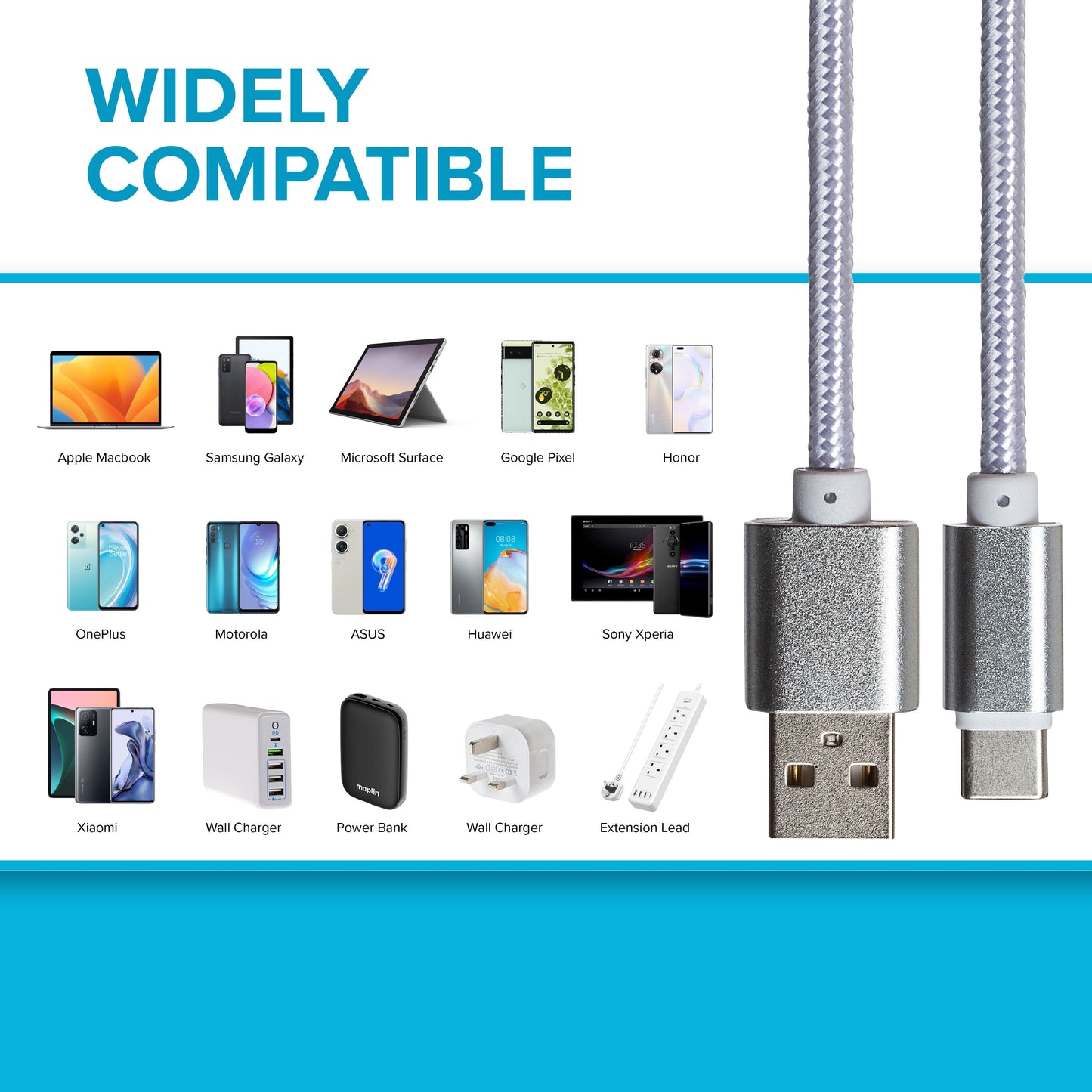 Maplin USB-C to USB-A Braided Cable - Silver, 3m (Pack of 3)