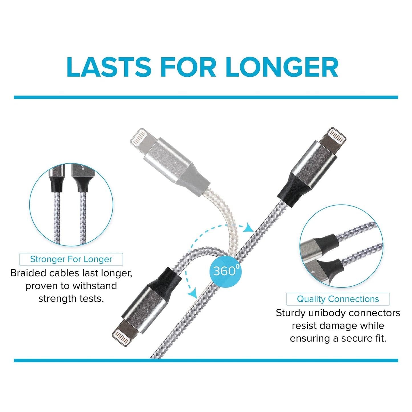 Maplin Lightning Connector to USB-A Braided Cable - Silver, 1m (Pack of 2)