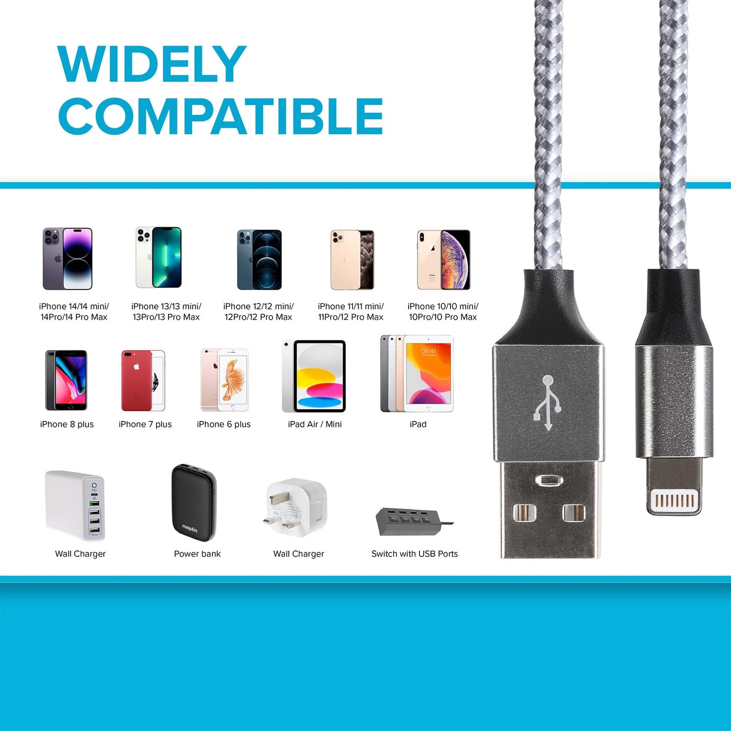 Maplin Lightning Connector to USB-A Braided Cable - Silver, 1m (Pack of 2)