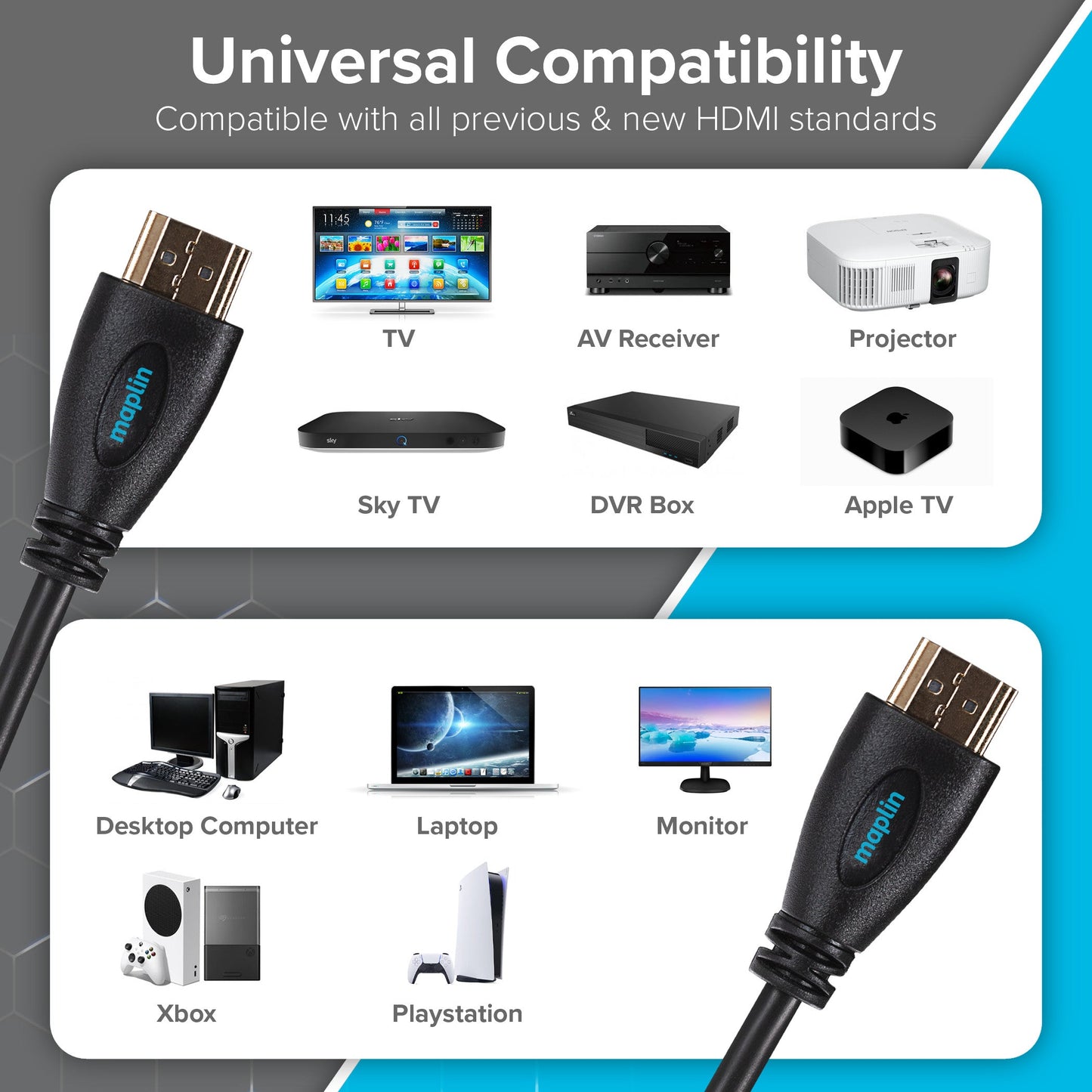 Maplin Thin HDMI to HDMI 4K Ultra HD Cable with Ethernet & Gold Connectors - Black, 3m - maplin.co.uk