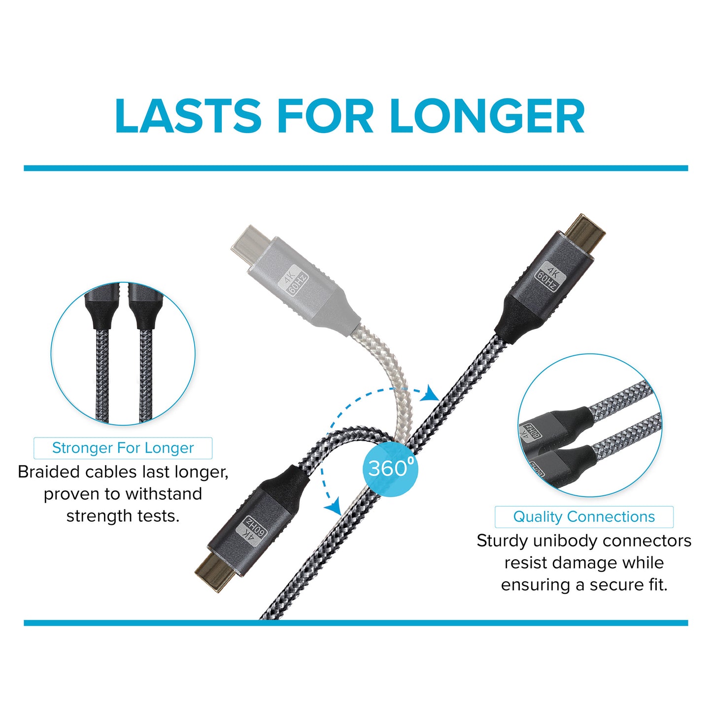 Maplin Pro USB-C to USB-C Gen2 100W 20Gbps Power Delivery Super Speed Data Transfer & Charging Braided Cable - Silver, 3m (Pack of 3)
