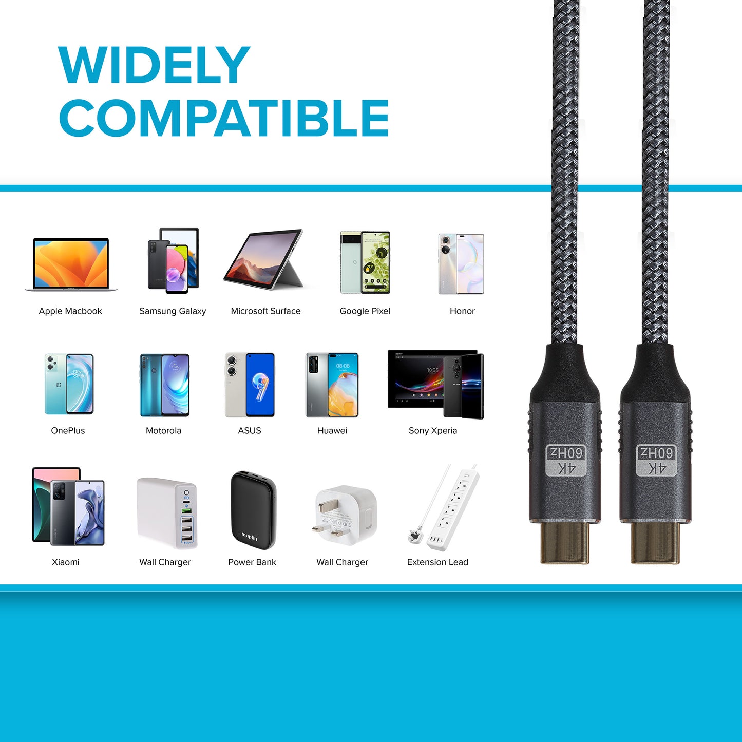 Maplin Pro USB-C to USB-C Gen2 100W 20Gbps Power Delivery Super Speed Data Transfer & Charging Braided Cable - Silver, 3m (Pack of 3)