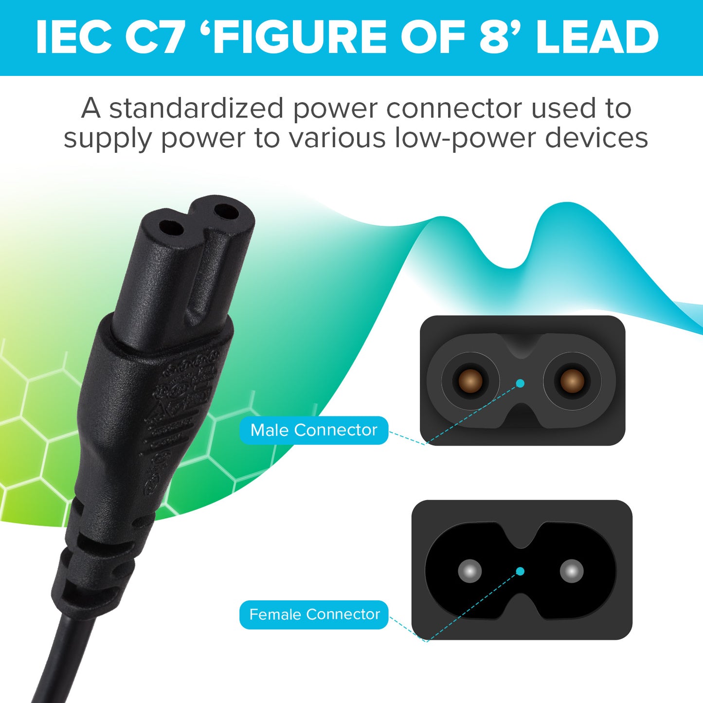 Maplin Power Lead IEC C7 Fig 8 2 Pin Plug to UK 3 Pin Plug - 0.5m, 3 Amp Fuse