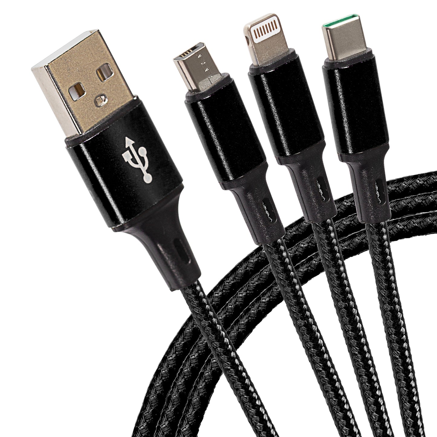 Maplin USB-A to 3-in-1 Multi-Charging USB-C / Lightning / Micro USB Braided Cable - 1.2m Black
