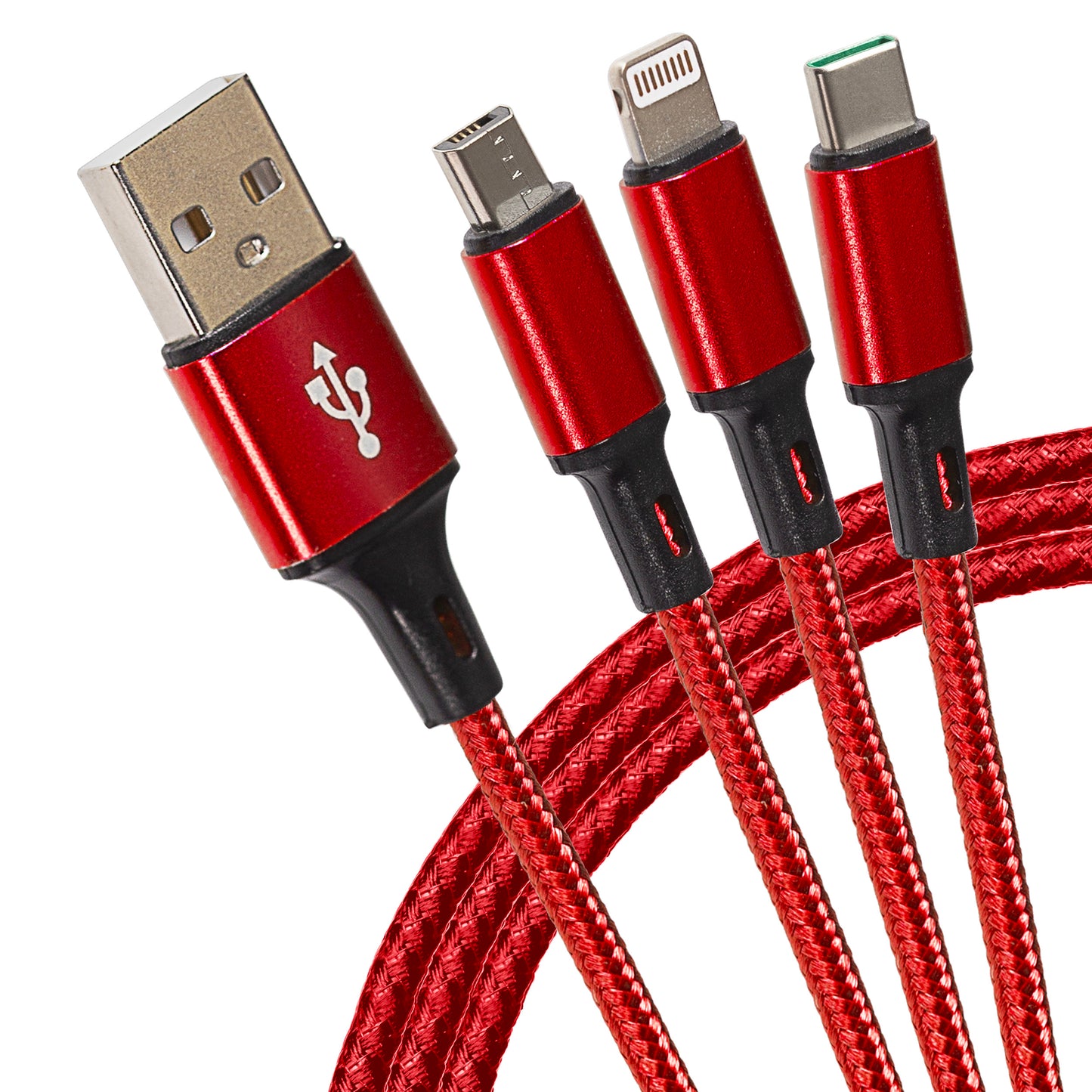Maplin USB-A to 3-in-1 Multi-Charging USB-C / Lightning / Micro USB Braided Cable - 1.2m Red