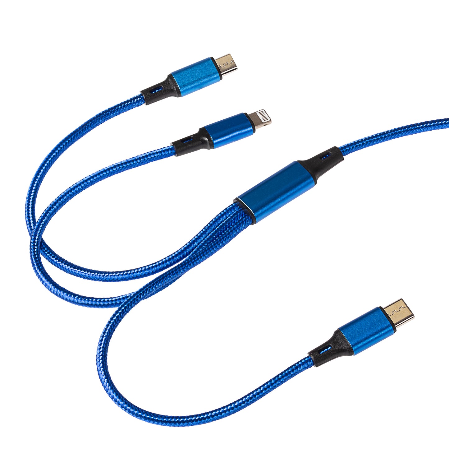 Maplin USB-A to 3-in-1 Multi-Charging USB-C / Lightning / Micro USB Braided Cable - 1.2m, Blue (Pack of 2)