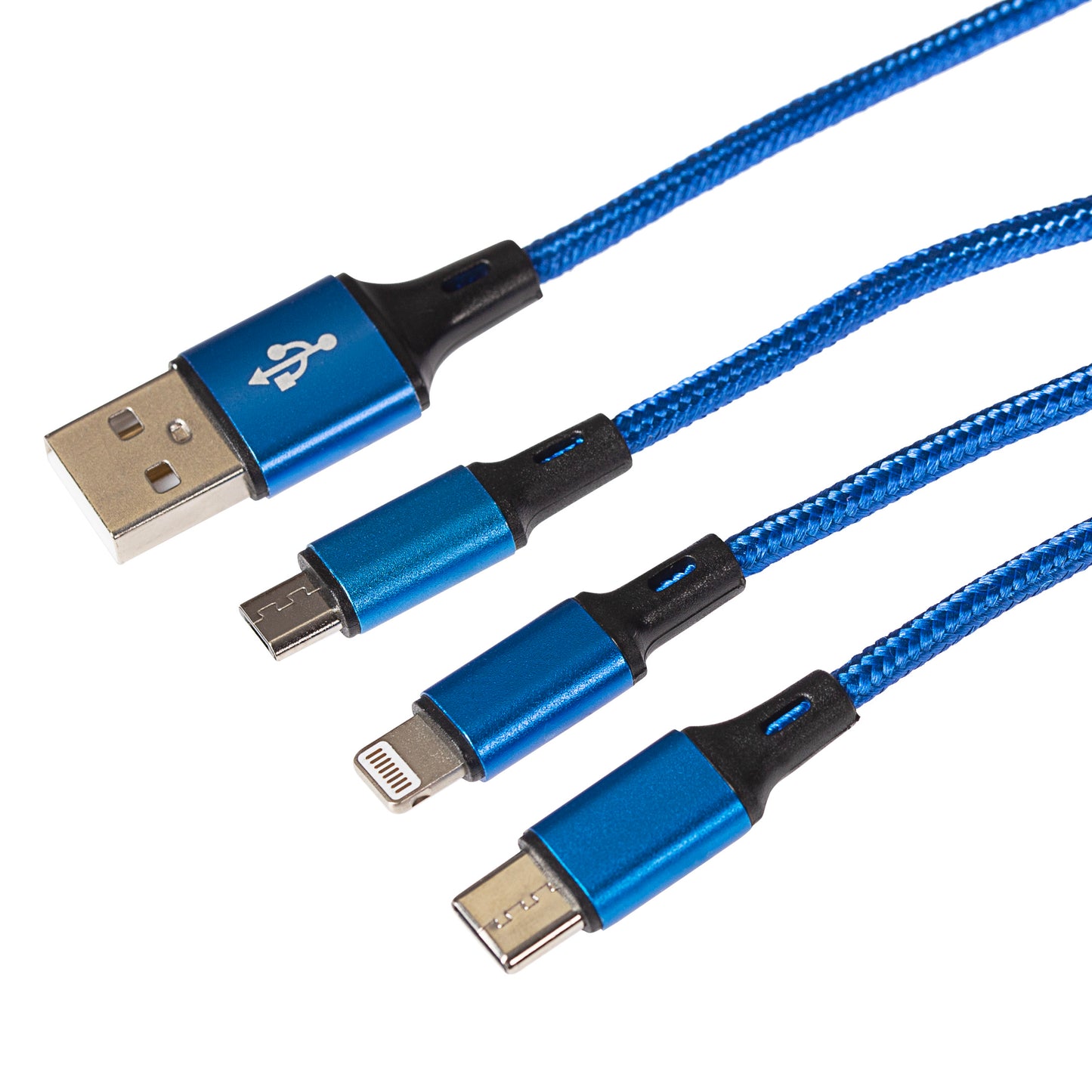 Maplin USB-A to 3-in-1 Multi-Charging USB-C / Lightning / Micro USB Braided Cable - 1.2m, Blue (Pack of 2)