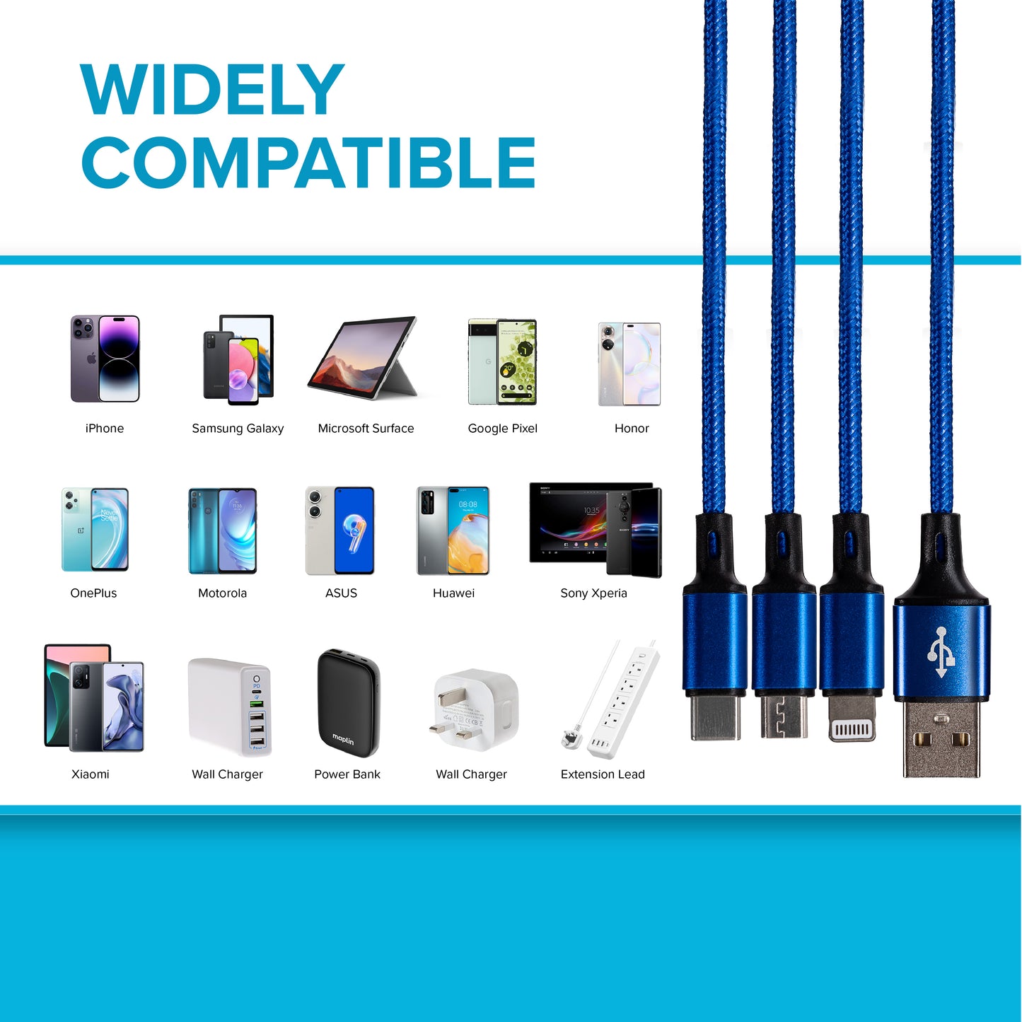 Maplin USB-A to 3-in-1 Multi-Charging USB-C / Lightning / Micro USB Braided Cable - 1.2m, Blue (Pack of 2)