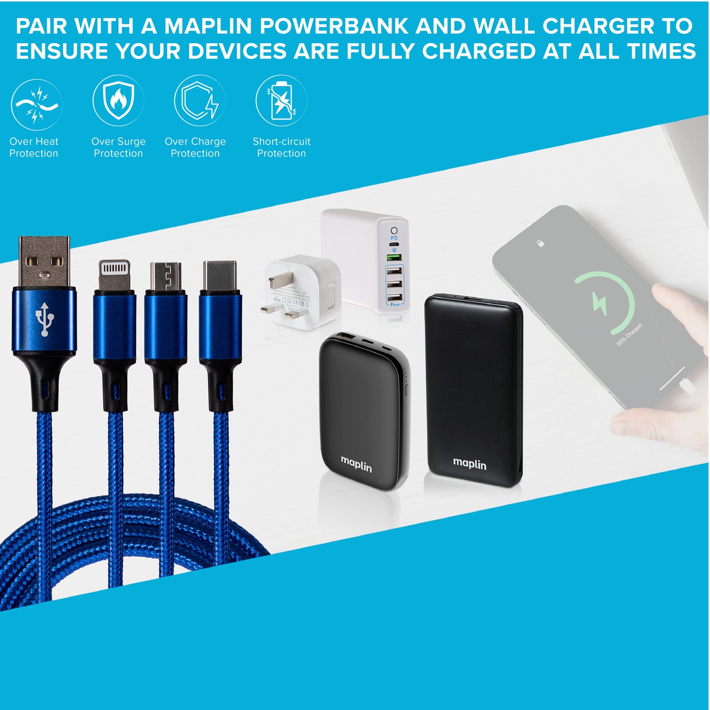 Maplin USB-A to 3-in-1 Multi-Charging USB-C / Lightning / Micro USB Braided Cable - 1.2m, Blue (Pack of 2)