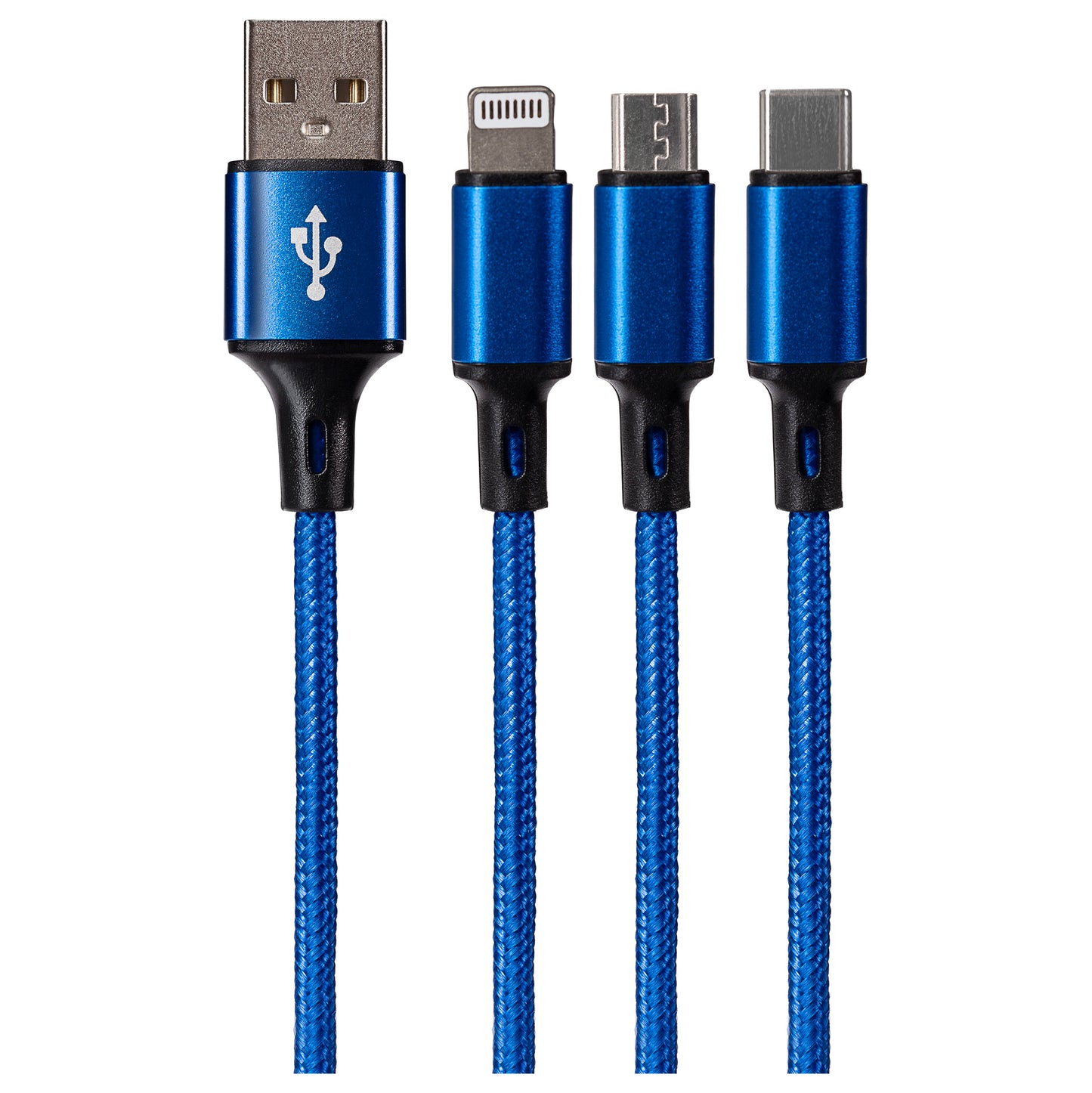 Maplin USB-A to 3-in-1 Multi-Charging USB-C / Lightning / Micro USB Braided Cable - 1.2m, Blue (Pack of 2)