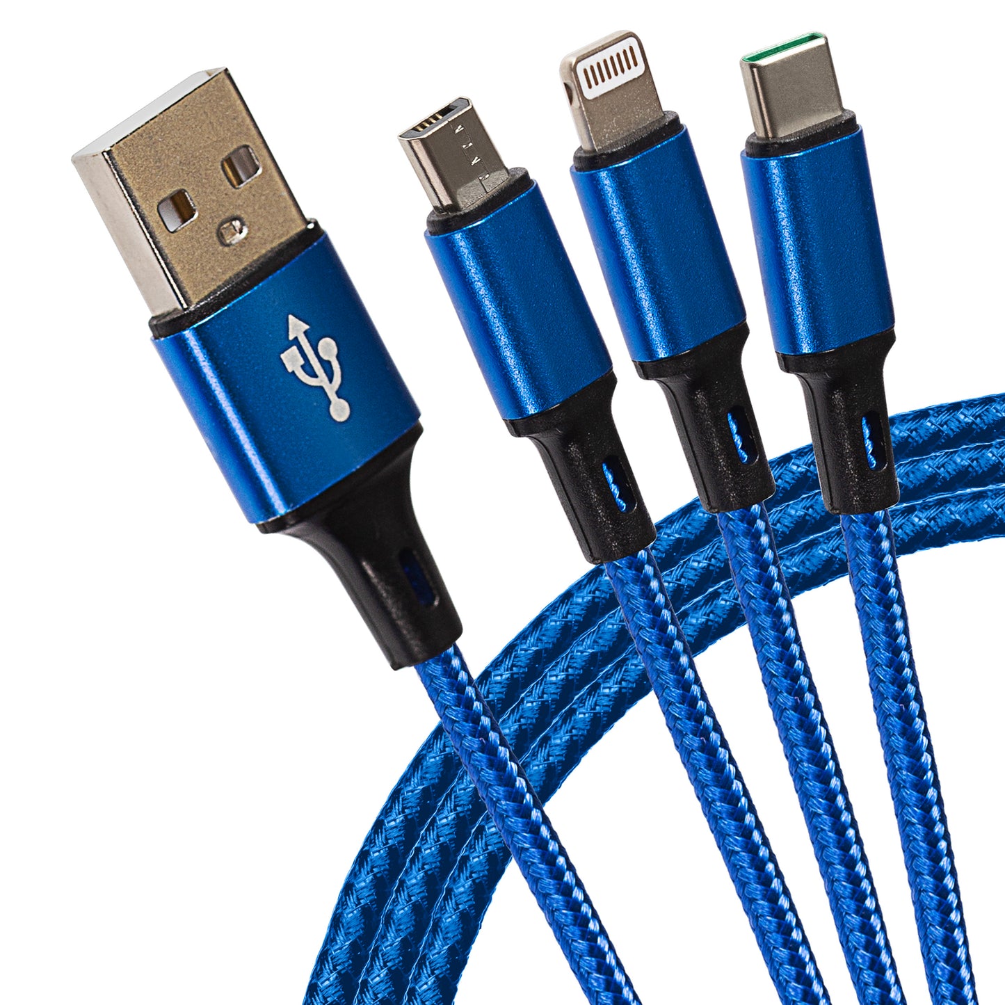 Maplin USB-A to 3-in-1 Multi-Charging USB-C / Lightning / Micro USB Braided Cable - 1.2m, Blue (Pack of 2)