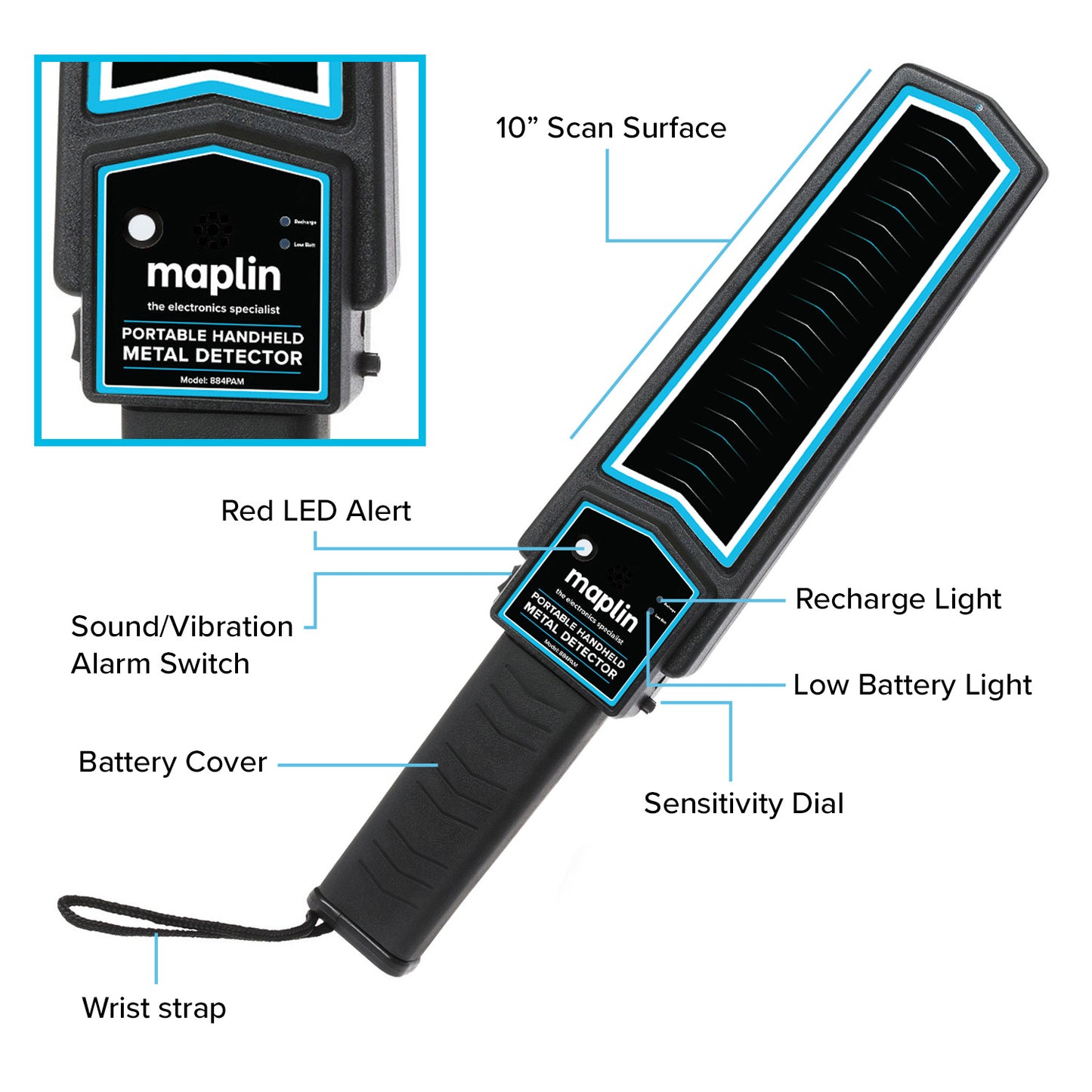Maplin Handheld 10" Metal Detector Body Scanner with Beep/Vibration Alerts & LED Light