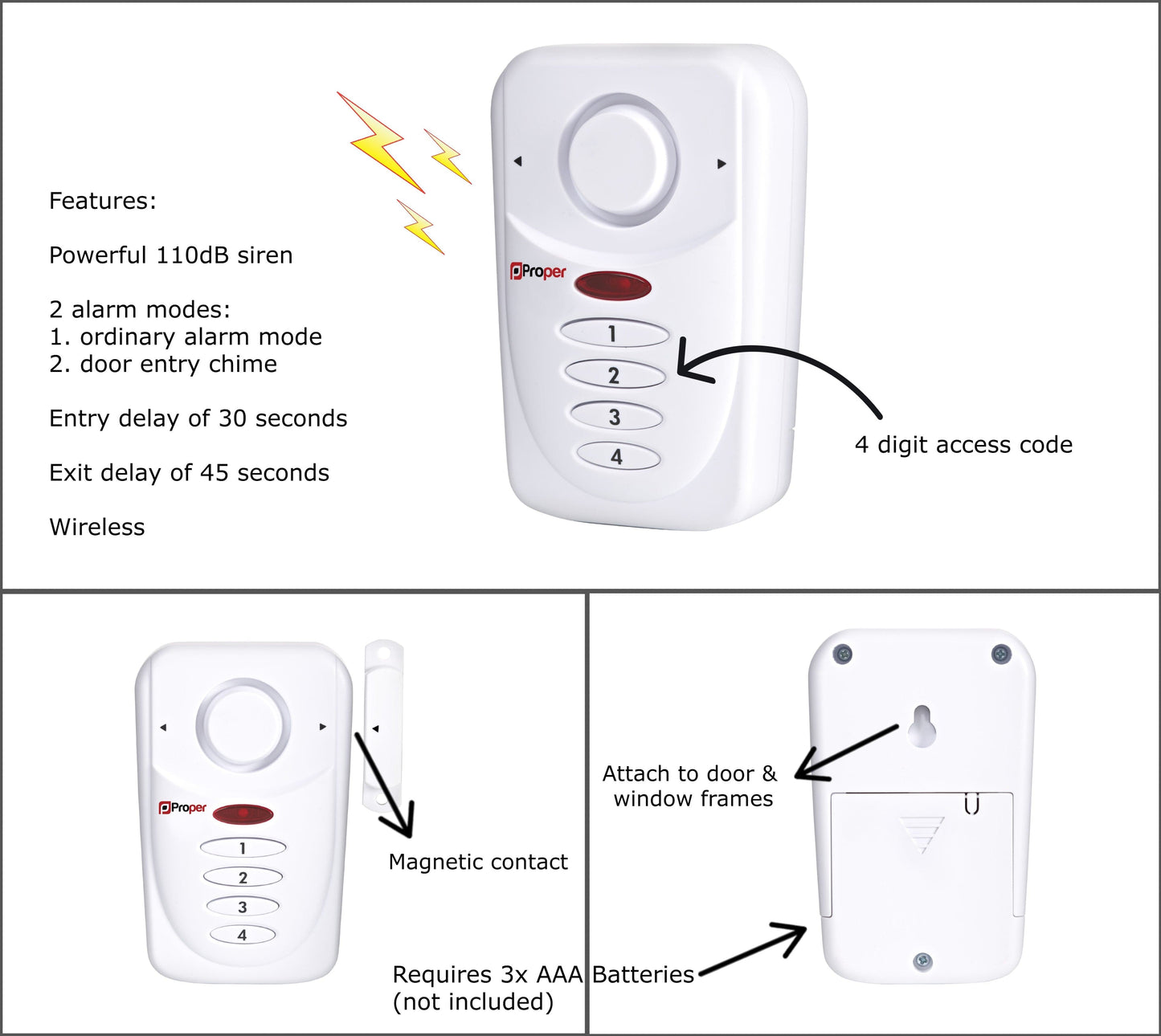 ProperAV Window Alarm with Keypad & Loud 110dB Siren