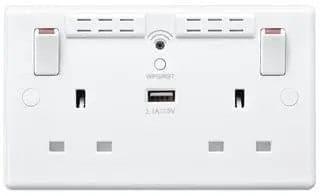 British General Square Edge 13A 2 Gang Switched Socket with Wi-Fi Extender + 1x USB-A 2.1A - White - maplin.co.uk