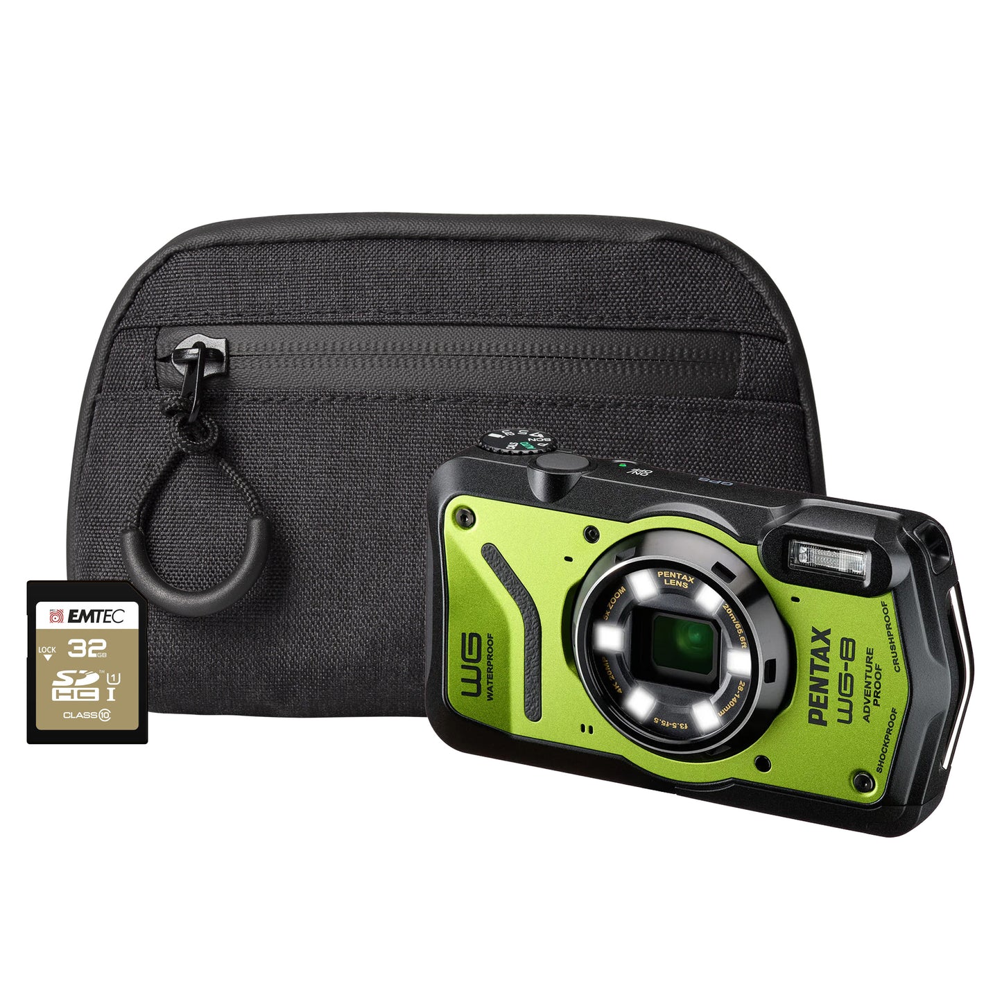 Pentax WG-8 20MP 5x Zoom Tough Compact Camera - Green Camera + 64GB SD Card + Case