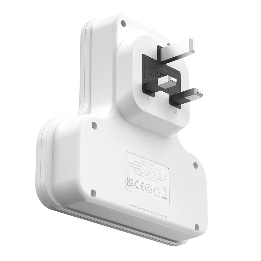 MOMAX OnePlug 3-Outlet Extension Plug Socket T-Shaped Power Strip with USB-C & 2x USB-A - White