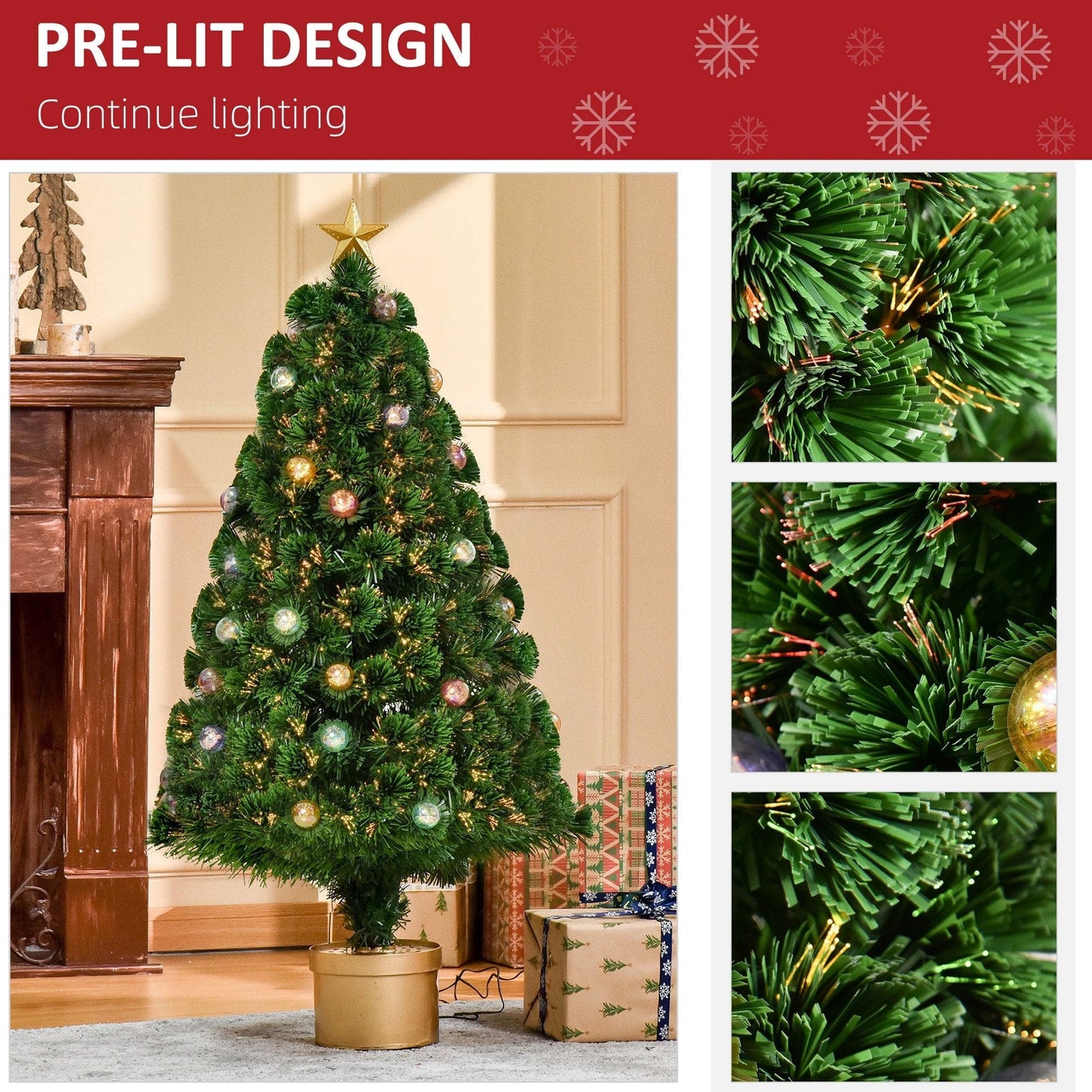 HOMCOM 4ft Pre-Lit Fibre Optic Artificial Christmas Tree with Golden Stand - maplin.co.uk
