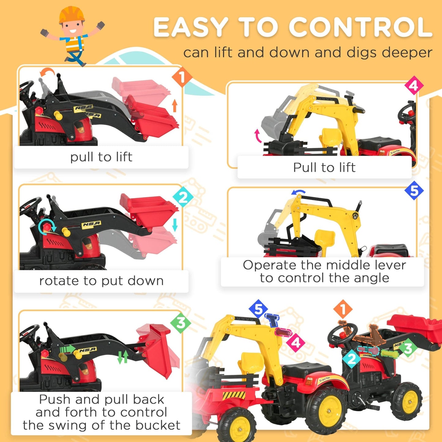 HOMCOM Kids Pedal Go Kart Ride On Toy Excavator Tractor with Moving Bucket & Removable Digger for 3 - 6 Years - maplin.co.uk