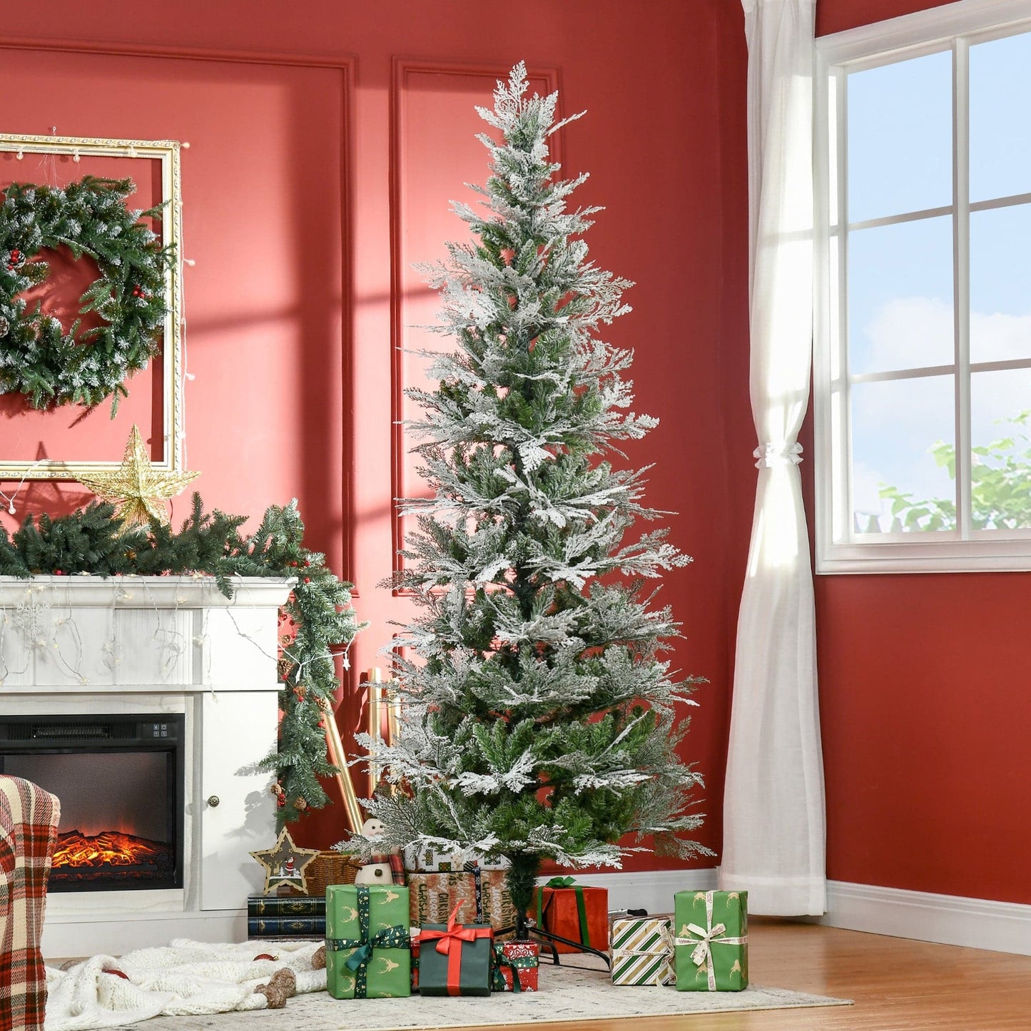 HOMCOM 7ft Pencil Snow Flocked Artificial Christmas Tree with Realistic Cypress Branches - maplin.co.uk