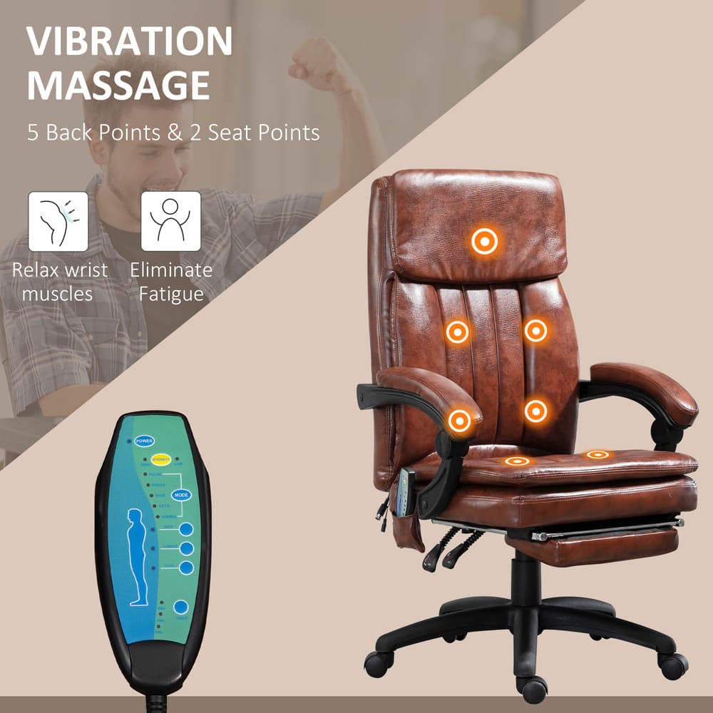 ProperAV Extra PU Leather Adjustable Reclining Executive Office Chair with 7 Point Vibrating Massage & Footrest - Brown