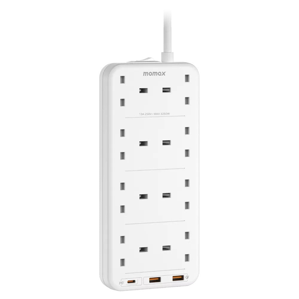 MOMAX OnePlug 8-Outlet Extension Plug Socket Power Strip with USB-C & 2x USB-A - 2m