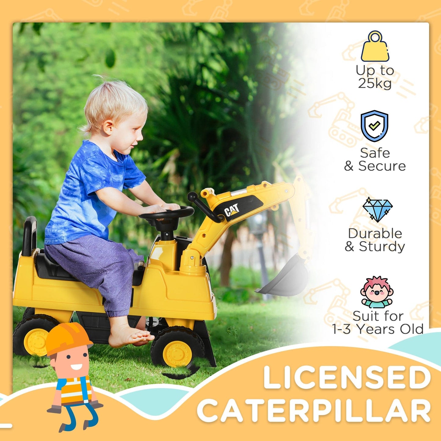 Maplin Plus CAT Licensed Kids Ride On Toy Digger with Manual Shovel & Horn for Ages 1-3 Years