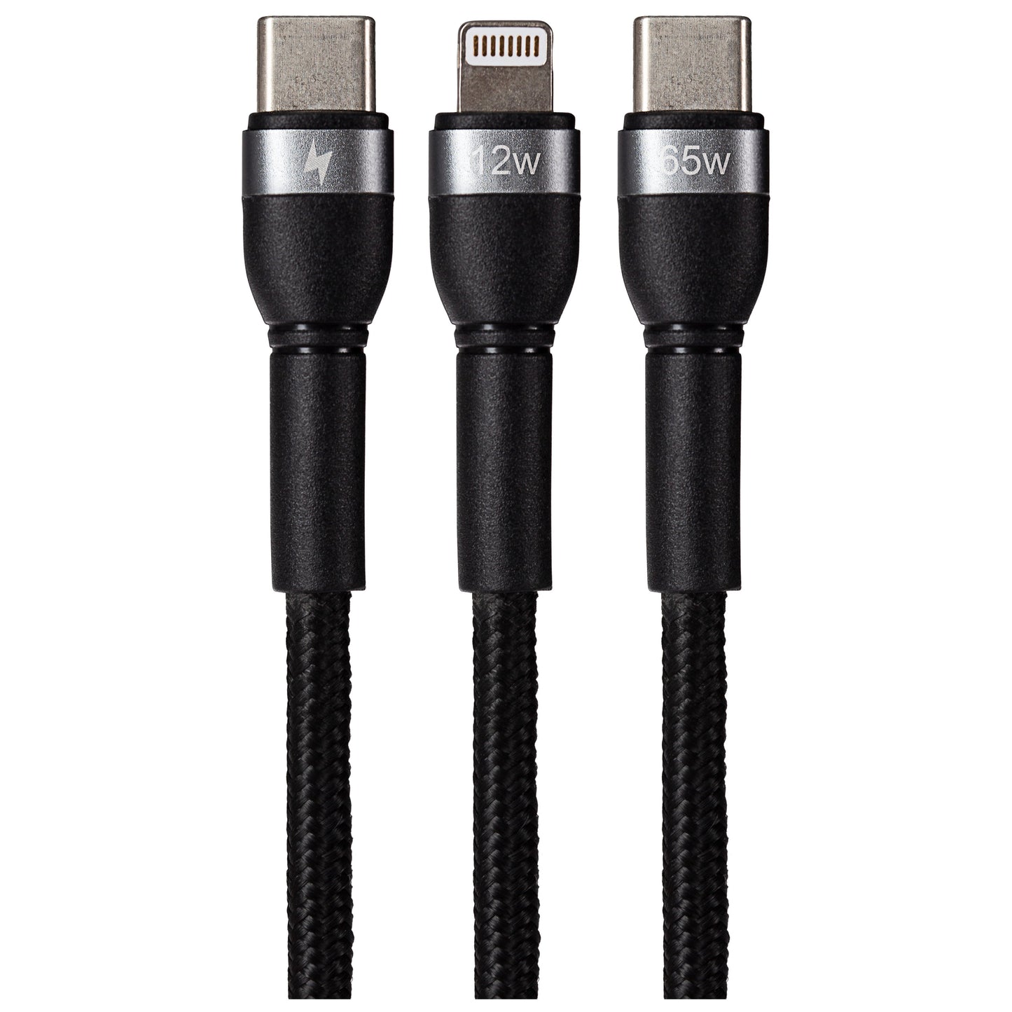 Maplin PRO USB-C to Dual USB-C / Lightning 65W Braided Cable - Black, 1.2m - maplin.co.uk