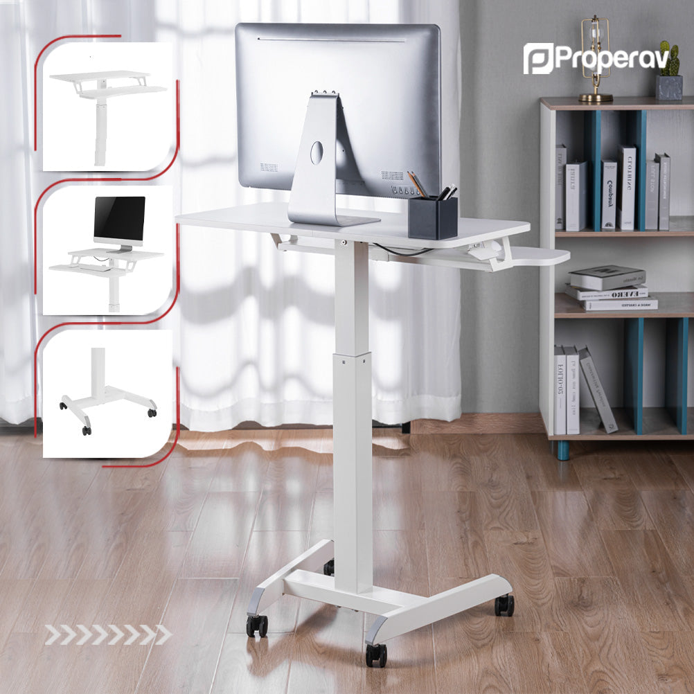 ProperAV Two Tier Mobile Desk Trolley Workstation with Gas Spring Height Adjustment - White - maplin.co.uk