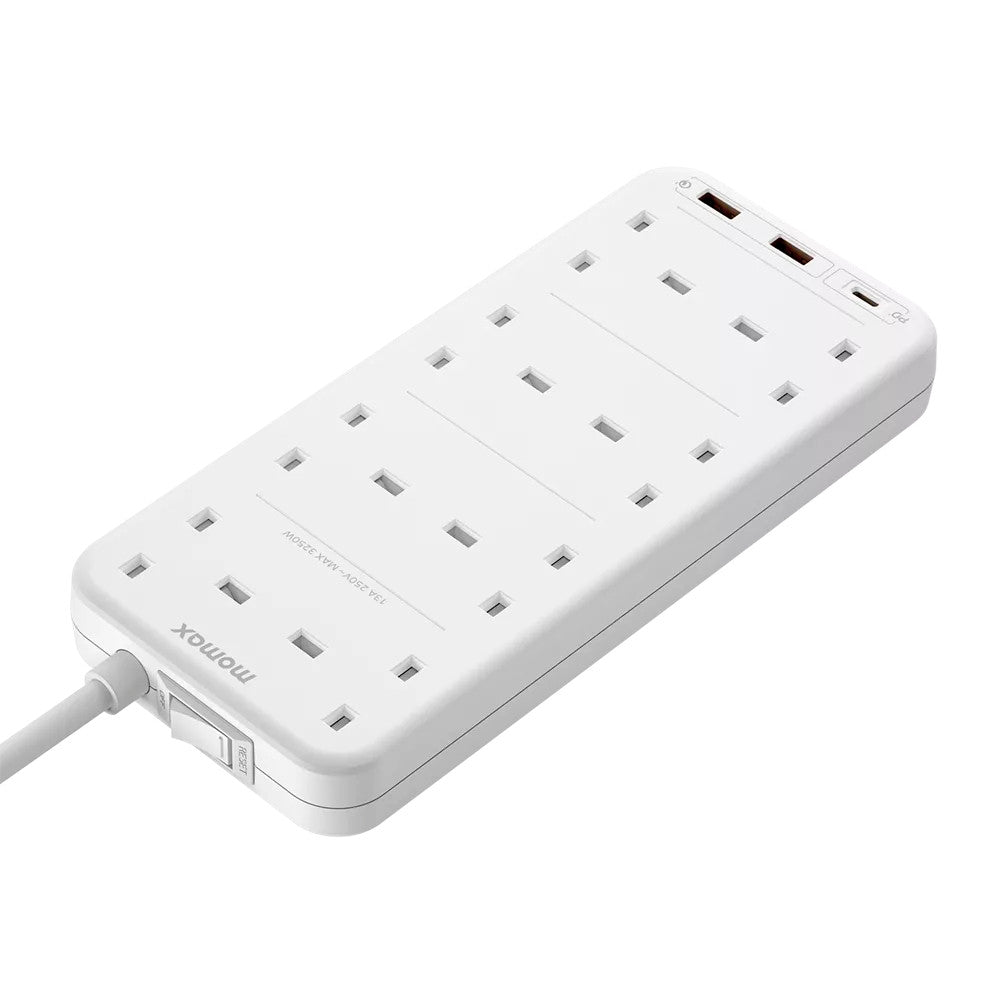 MOMAX OnePlug 8-Outlet Extension Plug Socket Power Strip with USB-C & 2x USB-A - 2m