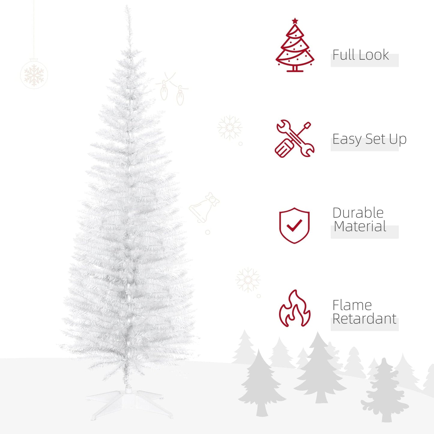 HOMCOM 5ft Artificial Pine Pencil Slim Tall Christmas Tree with Stand - White - maplin.co.uk