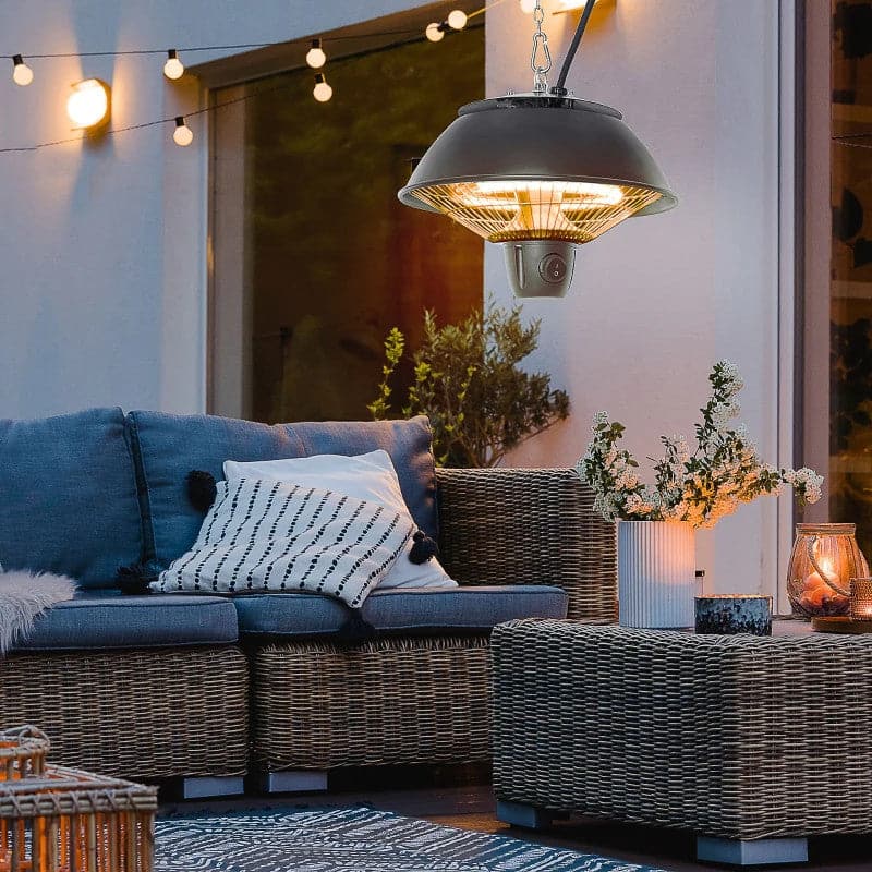 Maplin Plus Aluminium 600W Hanging Electric Patio Heater & Light with Adjustable Hook Chain - Black