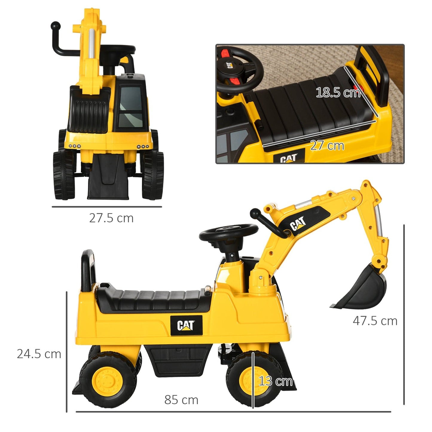Maplin Plus CAT Licensed Kids Ride On Toy Digger with Manual Shovel & Horn for Ages 1-3 Years