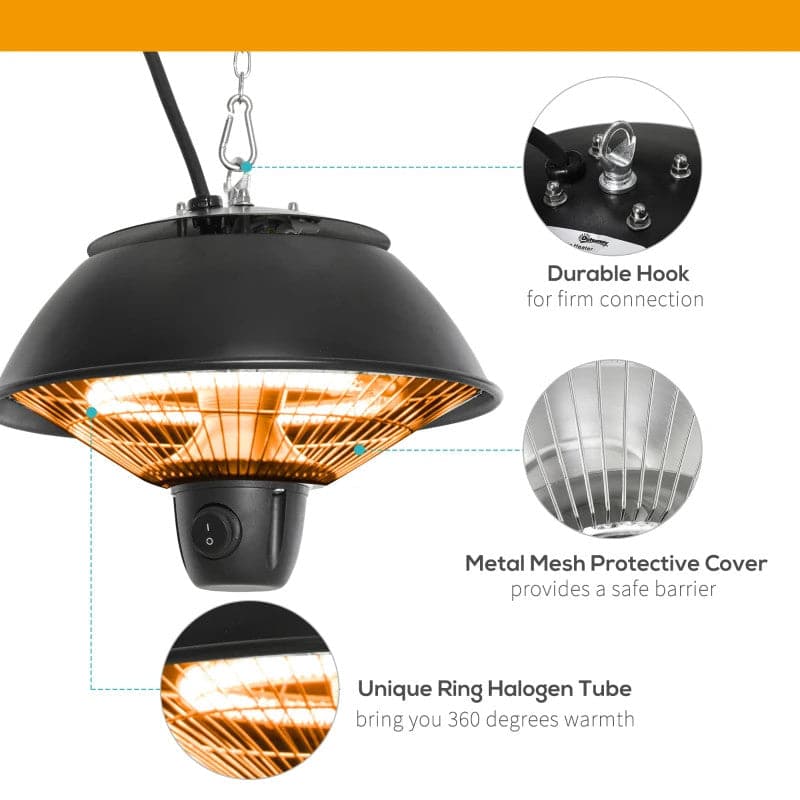 Maplin Plus Aluminium 600W Hanging Electric Patio Heater & Light with Adjustable Hook Chain - Black