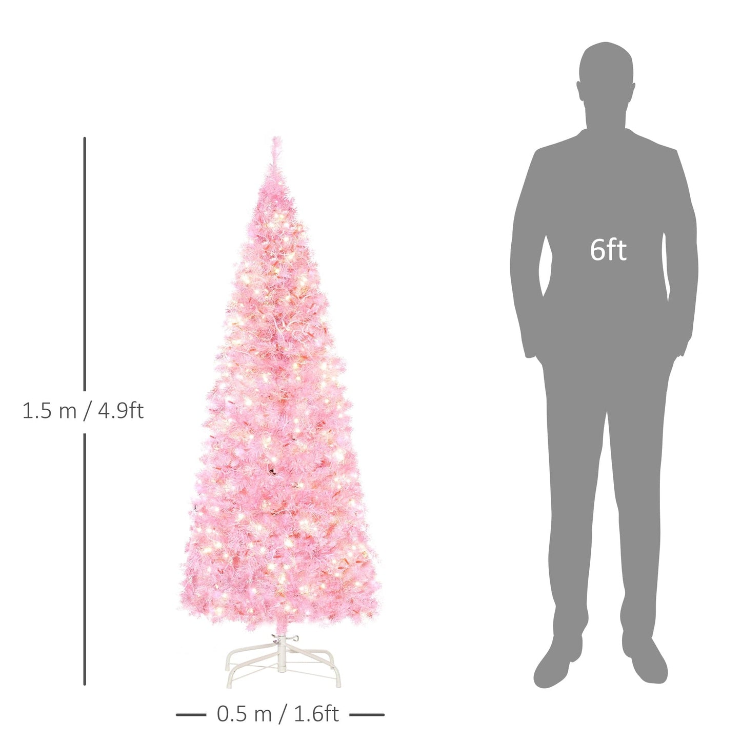 HOMCOM 5ft LED Pencil Slim Artificial Christmas Tree with Realistic Branches - Pink - maplin.co.uk