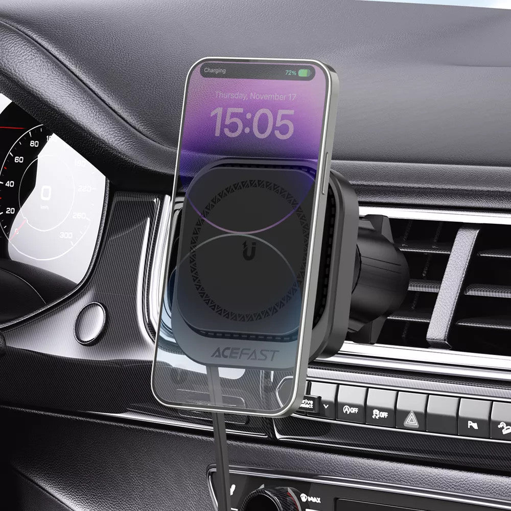 Acefast Universal MagSafe Magnetic Car Air Vent Holder & USB-C Retractable Cable - Black