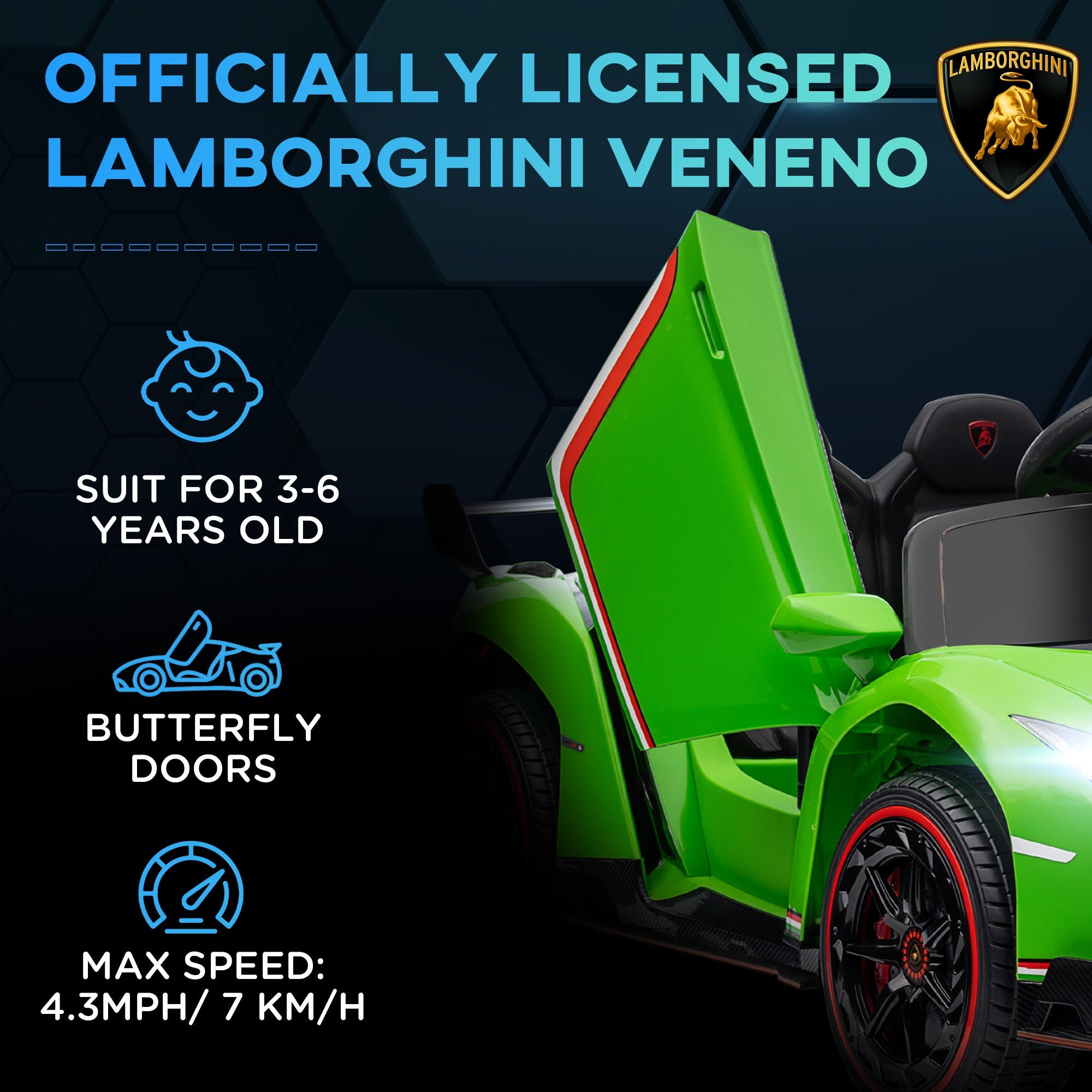 Maplin Plus Licensed Lamborghini Veneno 12V Electric Ride On Car with Portable Battery, Remote, Music & Horn - maplin.co.uk