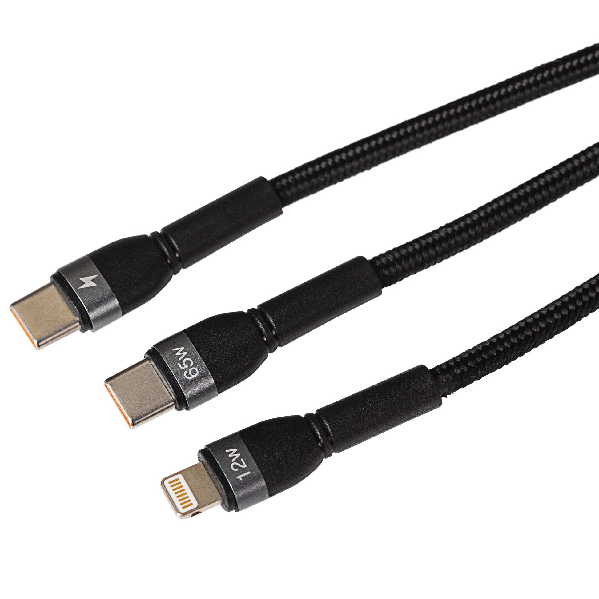 Maplin PRO USB-C to Dual USB-C / Lightning 65W Data Transfer & Charging Braided Cable - Black, 1.2m - maplin.co.uk
