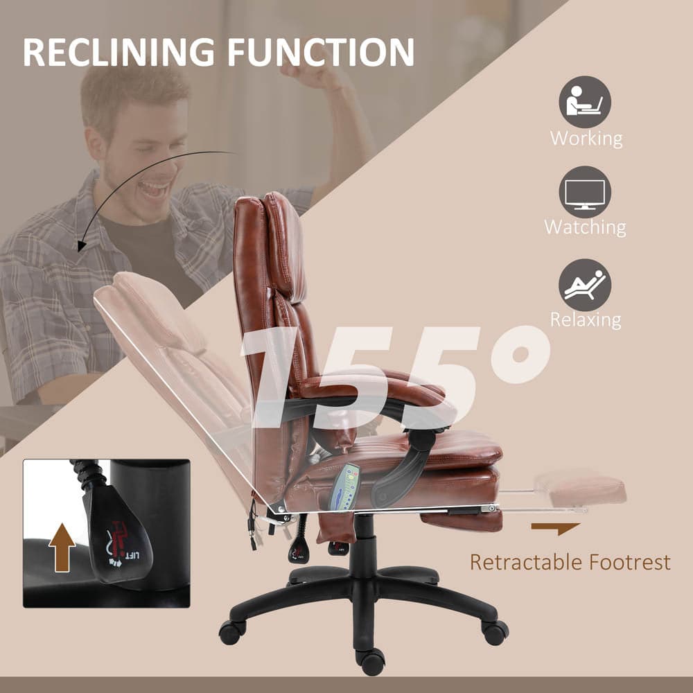 ProperAV Extra PU Leather Adjustable Reclining Executive Office Chair with 7 Point Vibrating Massage & Footrest - Brown