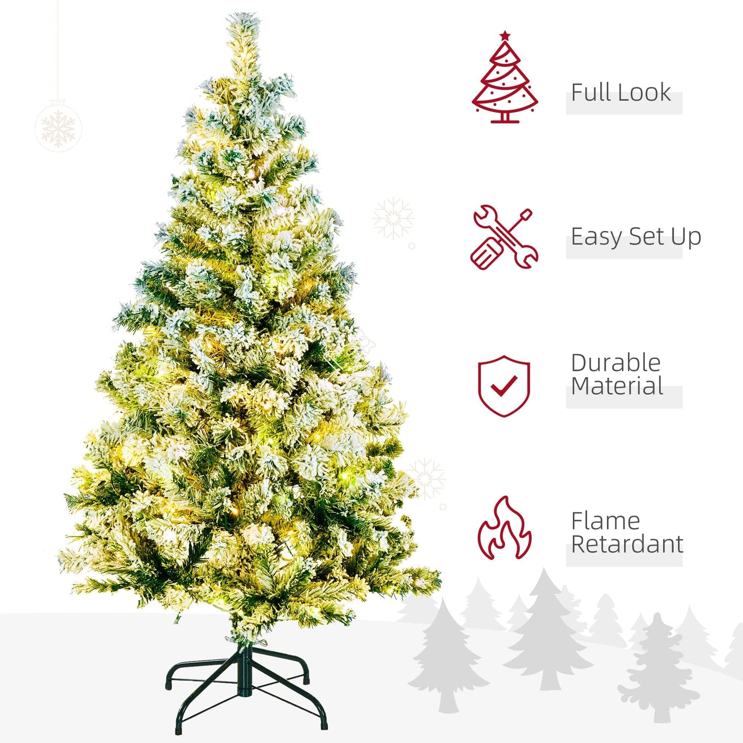 HOMCOM 4.5ft LED Snow Flocked Artificial Christmas Tree with Steel Base - maplin.co.uk