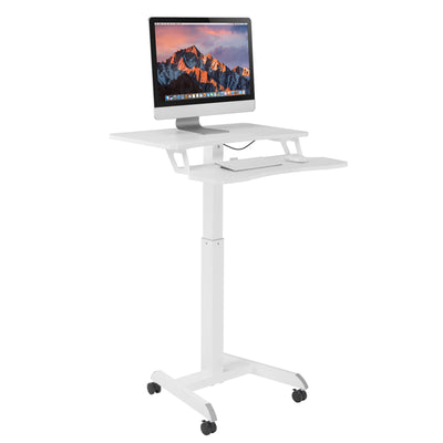 ProperAV Two Tier Mobile Desk Trolley Workstation with Gas Spring Height Adjustment - White - maplin.co.uk