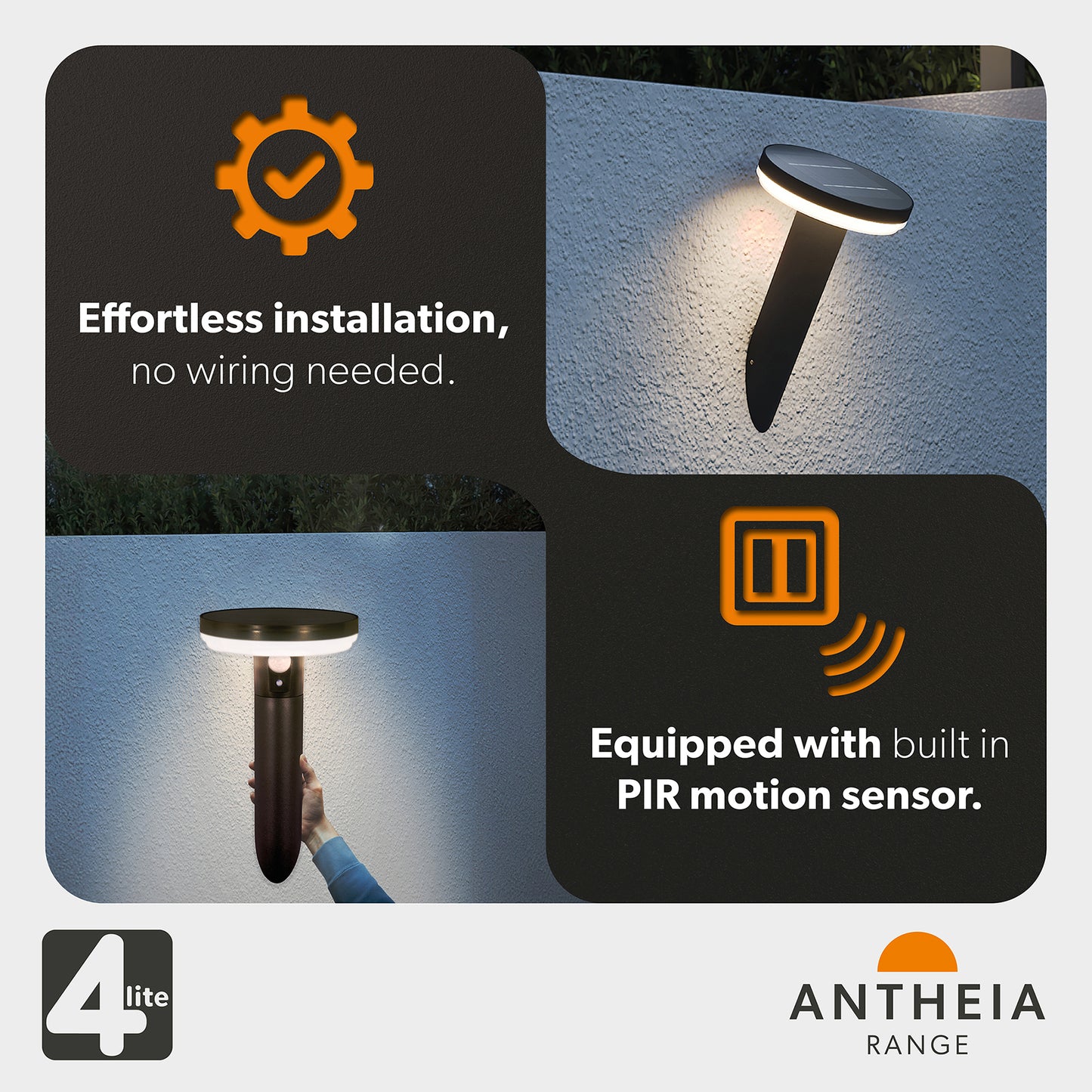 4lite Antheia Solar Slanted IP54 Die-Cast Aluminium LED Outdoor Wall Light with Built in PIR Motion Sensor