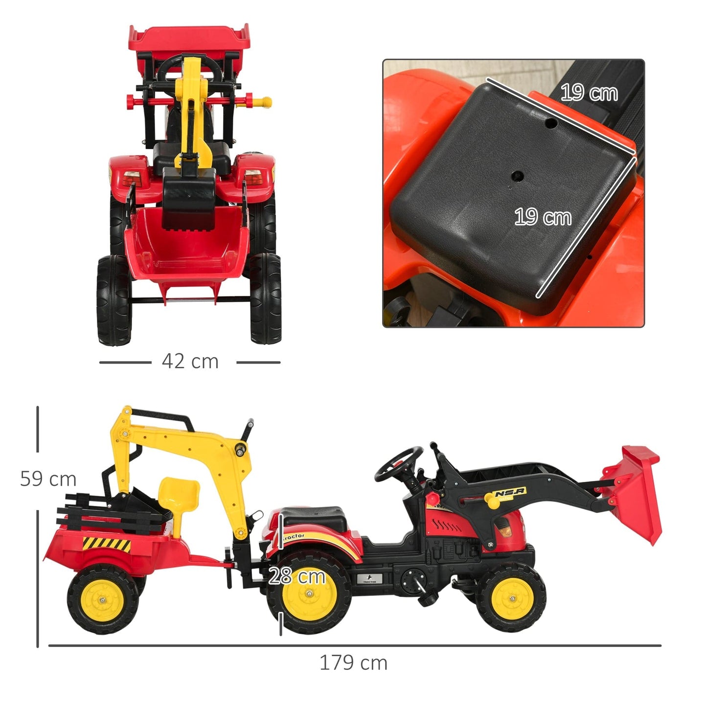 HOMCOM Kids Pedal Go Kart Ride On Toy Excavator Tractor with Moving Bucket & Removable Digger for 3 - 6 Years - maplin.co.uk