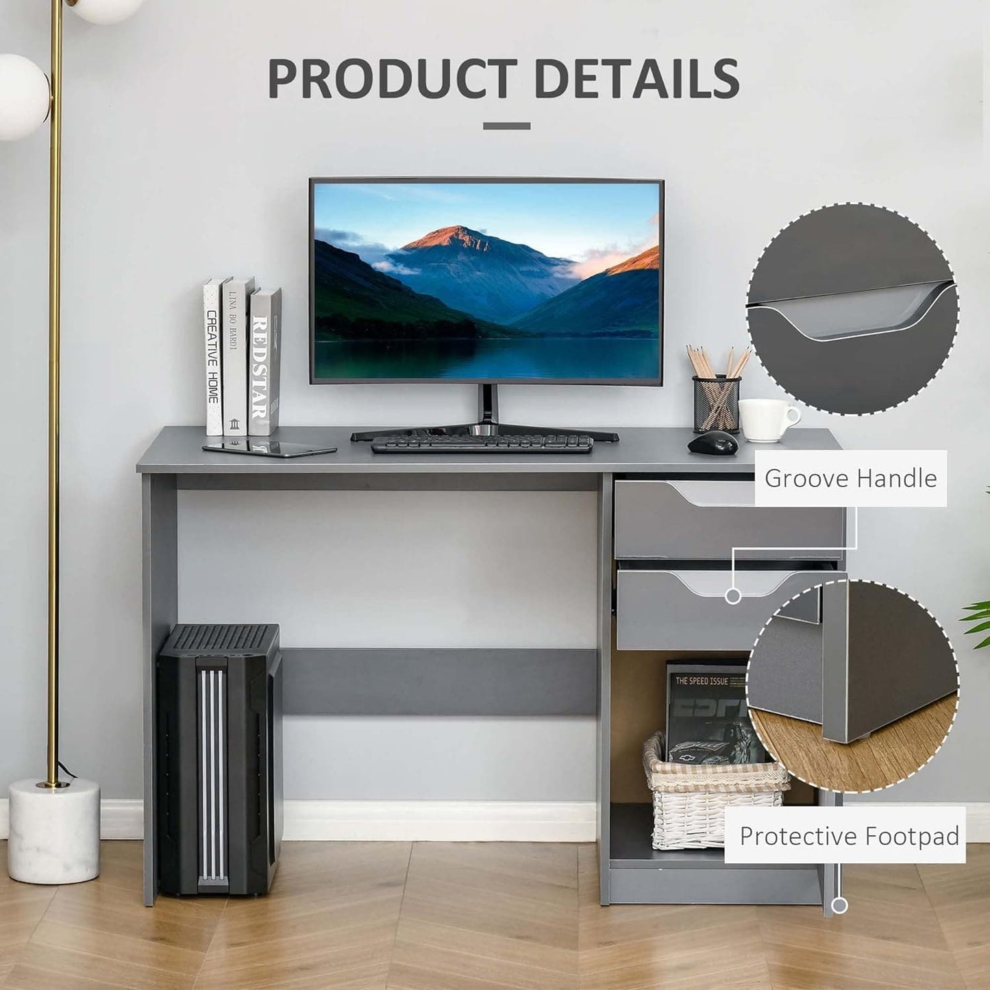 ProperAV Extra High Gloss Office Desk with Drawers & Storage Cabinet - Grey