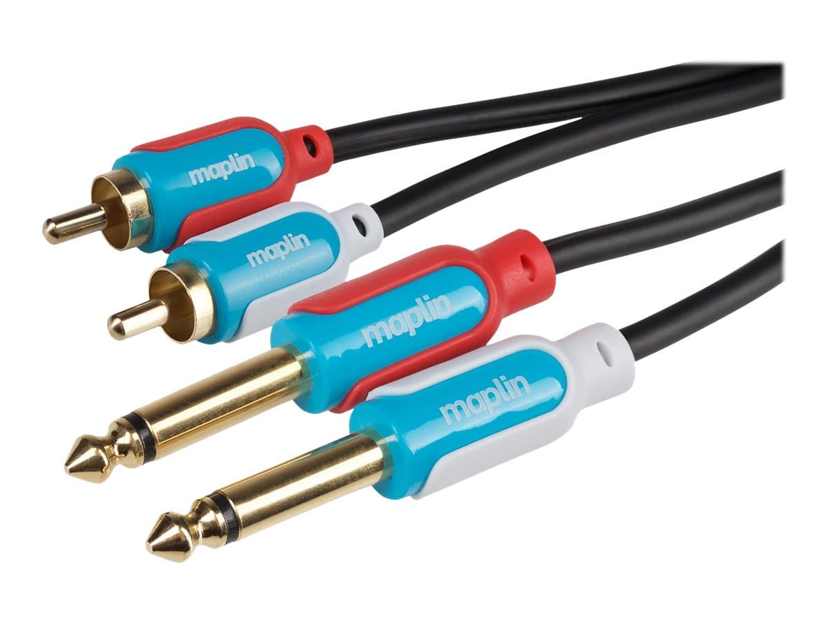 Maplin Twin 6.35mm 1/4" 2 Pole Jack to Twin RCA Phono Cable - Black, 1.5m - maplin.co.uk